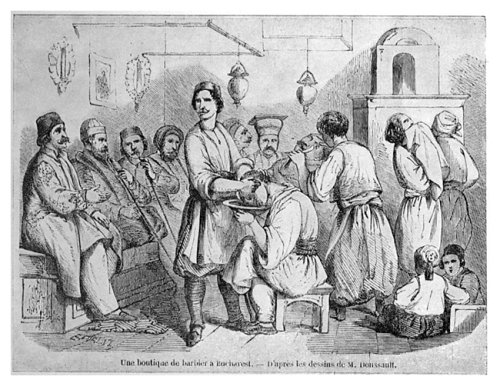 http://commons.wikimedia.org/wiki/File:Bucharest_Barbershop_1842.jpg