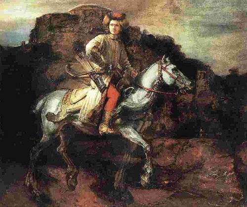 http://commons.wikimedia.org/wiki/File:Rembrandt_-_The_Polish_Rider.jpg