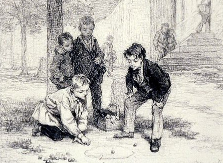 http://commons.wikimedia.org/wiki/File:Andr%C3%A9-Henri_Dargelas_-_Boys_Playing_Marbles_-_Walters_371636.jpg