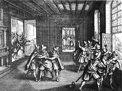 http://commons.wikimedia.org/wiki/File:Defenestration-prague-1618.jpg