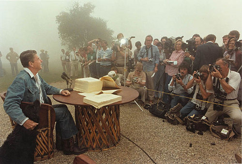http://commons.wikimedia.org/wiki/File:President_Reagan_meets_with_the_Press_1981.jpg