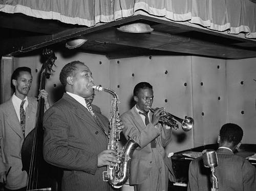 http://commons.wikimedia.org/wiki/File:Charlie_Parker,_Tommy_Potter,_Miles_Davis,_Duke_Jordan,_Max_Roach_%28Gottlieb_06851%29.jpg