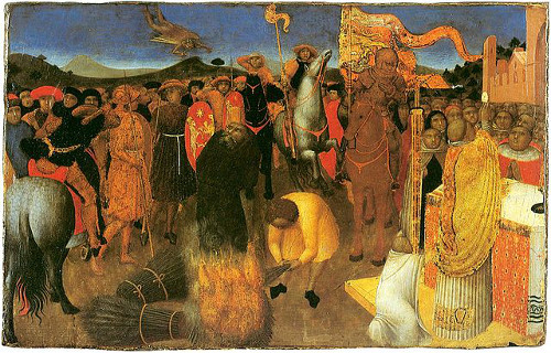 http://commons.wikimedia.org/wiki/File:Burning-of-a-heretic--_Sassetta--Melburn_museum.jpg