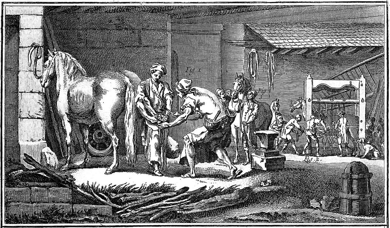 https://commons.wikimedia.org/wiki/File:Marechal_Ferrant_et_Operant_(Farrier_shoeing_a_horse)_Wellcome_L0019357.jpg