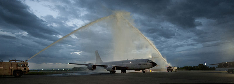 https://commons.wikimedia.org/wiki/File:U.S._Air_Force_fire_trucks_spray_water_over_a_KC-135_Stratotanker_aircraft_during_the_final_flight,_or_fini_flight,_for_Col._Corey_Martin,_the_commander_of_the_376th_Air_Expeditionary_Wing,_at_Transit_Center_130604-F-LK329-001.jpg