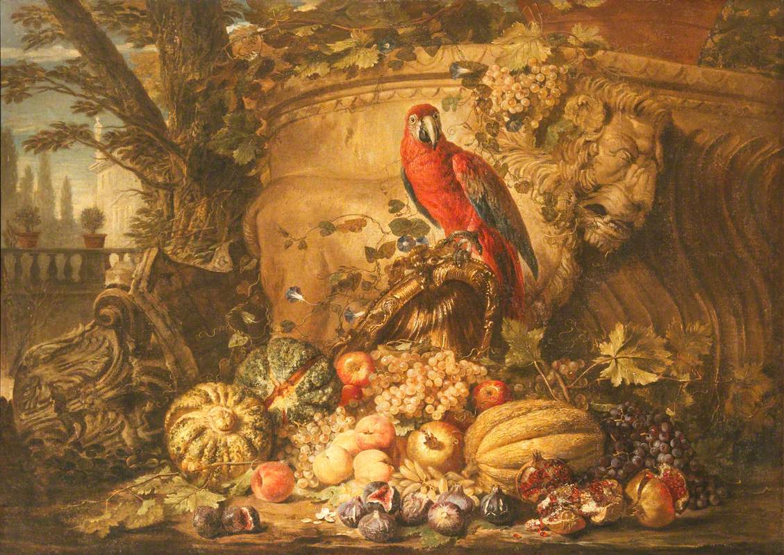 https://commons.wikimedia.org/wiki/File:Michele_Pace_del_Campidoglio_(1610-probably_1670)_-_Still_Life_of_Fruit_with_a_Parrot_in_a_Garden_-_773435_-_National_Trust.jpg